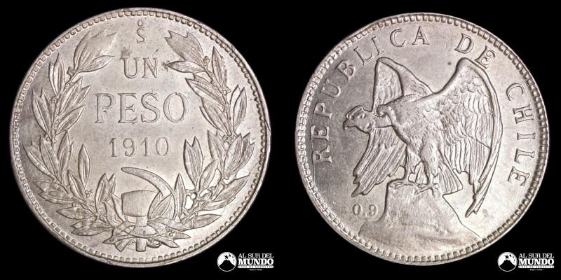 Chile, ceca de Santiago. 1 Peso. 1910. Anverso: Condor de alas abiertas apoyado ...