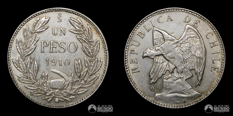 Chile, Santiago. 1 Peso 1910. Plata 900; 31.4mm; 11.92g; KM152.3 (AU)

Estimat...