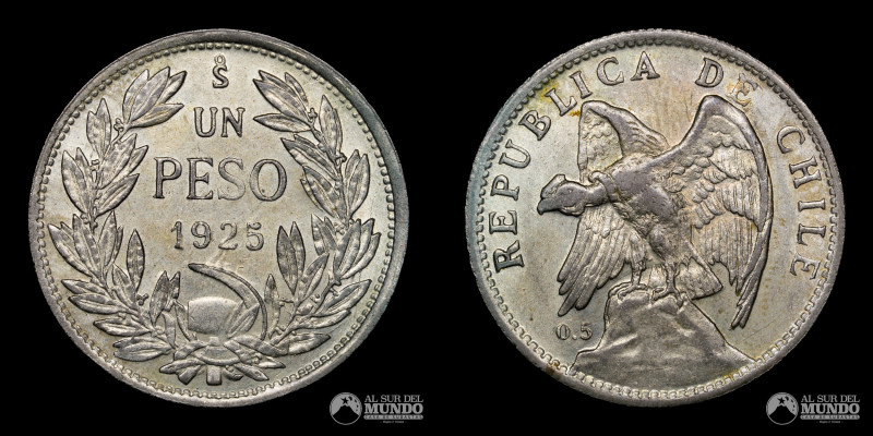Chile, Santiago. 1 Peso 1925. Plata 500. 29 m.m. 8,95 g. KM 152.5 (AU)

Estima...