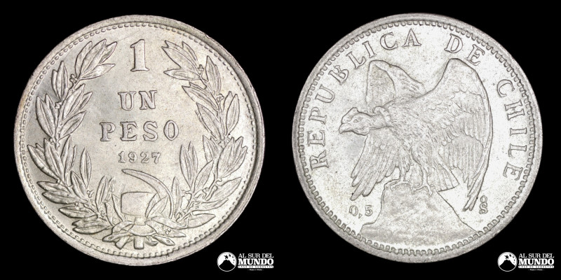 Chile, ceca de Santiago. 1 Peso. 1927. Anverso: Condor de alas abiertas apoyado ...