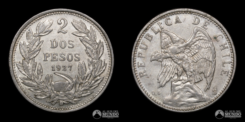 Chile. Santiago. 2 Pesos 1927. Ag. 500. 33 mm. 18,07 g. KM 172. (XF+)

Estimat...