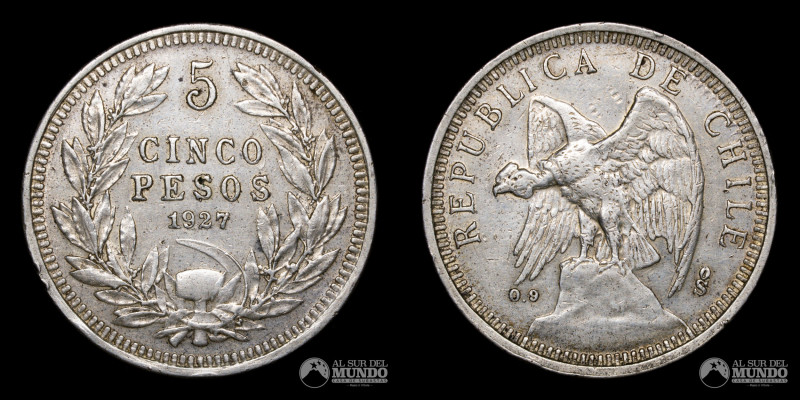 Chile, ceca de Santiago. Ensayo de 5 Pesos "Cola de Chacho". 1927. Anverso: Cond...