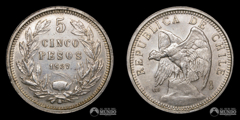 Chile, ceca de Santiago. 5 Pesos. 1927 (variante punto). Anverso: Condor de alas...