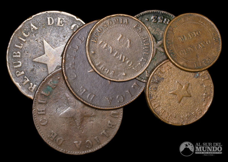 Chile. Lote de siete monedas: ½ Centavo 1835-83; 1 Centavo 1851-94. Cobre; peso ...