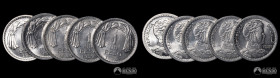 Chile, Santiago. Lote de cinco monedas de aluminio: 1 Peso. 1954-58.