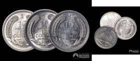 Chile, Santiago. Lote de tres monedas de aluminio: 10 Pesos. 1956-58.