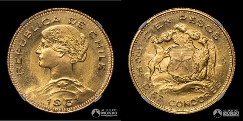 Chile, Santiago. 100 Pesos (10 Condores). 1961. Oro. 0.900; 20.33g; 31mm; NGC MS...