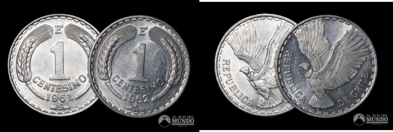 Chile, Santiago. Pareja de monedas de aluminio: 1 Centesimo 1961 y 1962. All (UN...