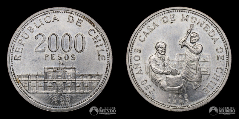 Chile. 2000 Pesos 1993. 250 Años Casa de Moneda de Chile. Plata 500; 26.2mm; 8.1...
