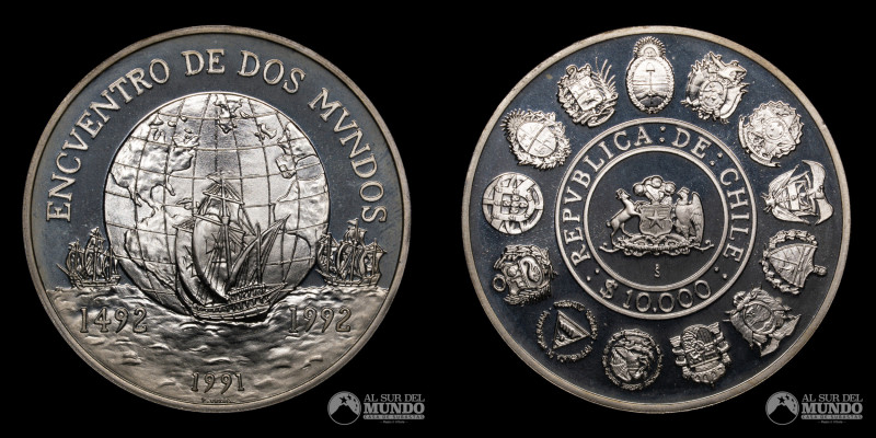 Chile. Serie Encuentro de Dos Mundos. 10.000 Pesos 1991. Plata 925. 40 mm. 27,16...