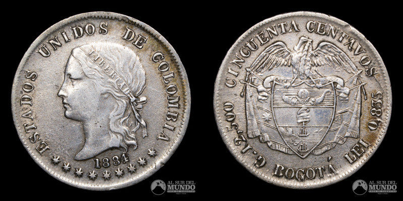 Colombia. Bogota. 50 Centavos 1884. Plata 835. 30 mm. 12,43 g. KM 177. (XF)

E...