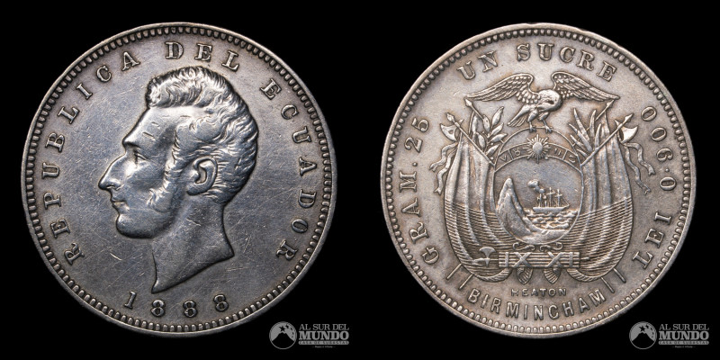 Ecuador, ceca de Heaton, Birmingham. 1 Sucre. 1888. Anverso: Busto de Antonio Jo...