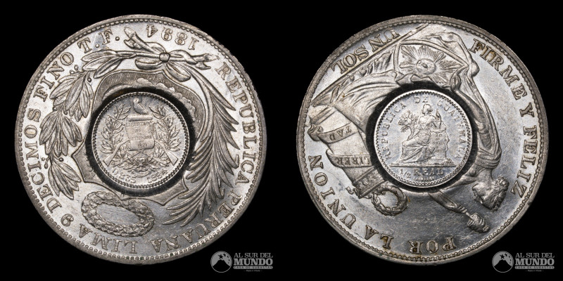 Guatemala. 1 Peso 1894. Resello sobre Peru 1894. Plata 900; 37mm; 25.01g. KM216....