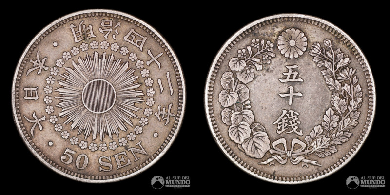 Japon, Osaka. 50 Sen. 1908 (41). Reinado del emperador Meiji (1867-1912). Plata ...