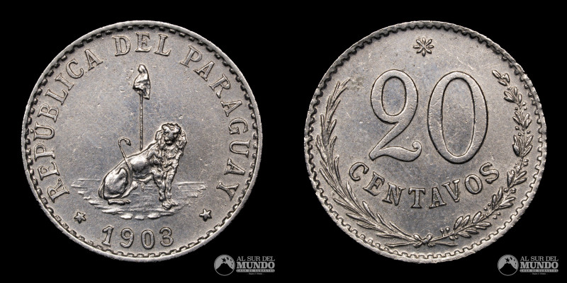 Paraguay, ceca de Buenos Aires (Argentina). 20 Centavos. 1903. Cuproniquel; 4 g....