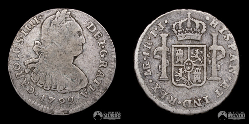 Peru, Lima. Carlos IV. 1 Real 1792 IJ. Busto grande y cospel de mayor tamaño. Ag...