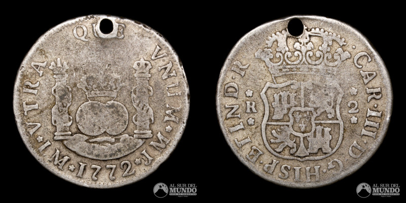 Peru, ceca de Lima. Columnario de 2 Reales. 1772. Ensayadores: JM (Jose Rodrigue...