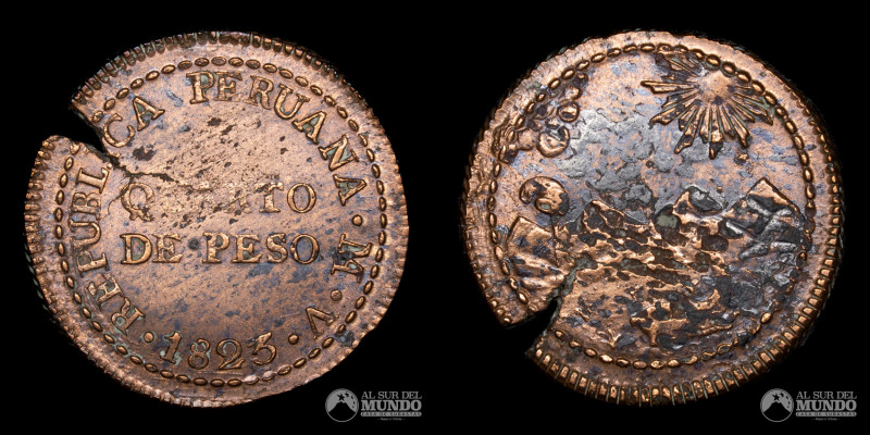 Peru. ¼ de Peso. 1823. Cobre; 6,7 g.; 27 mm. F; cospel partido. KM138. Nota: Pie...