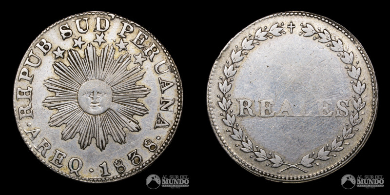 Peru, Arequipa. Republica Sud Peruana. 2 Reales 1838. Plata 667, 26.0mm; 6.39g ....