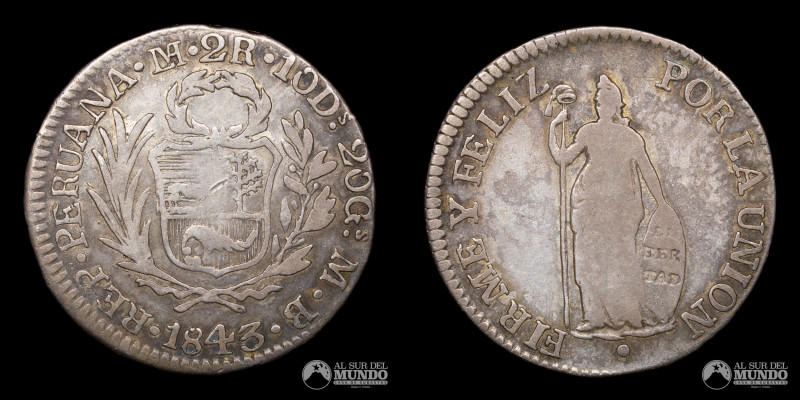 Peru, ceca de Lima. 2 Reales. 1843. Ensayadores: MB (Manuel Carassa Jaramillo, B...