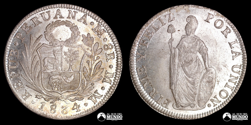 Peru, ceca de Lima. 8 Reales. 1834. Ensayadores: MM. Anverso: Atenea sujetando u...