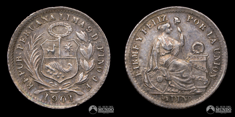 Peru, ceca de Lima. ½ Dinero. 1901. Ensayador: JF (Jose Agustin Figueroa). Anver...