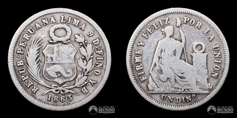 Peru, Lima. 1 Dinero 1863 YB. Diseño Libertad Sentada. Plata 0.900; 2,31g; 18mm;...