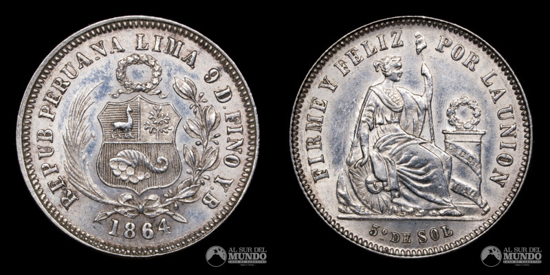 Peru, Lima. ⅕ de Sol. 1864. Dionisio Derteano. Plata 900; 4,97 g.; 23 mm. AU. No...
