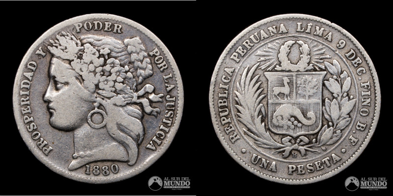Peru, ceca de Lima. 1 Peseta. 1880. Ensayadores: BF (Jose Calixto Barinaga, Jose...