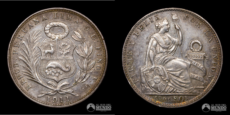 Peru, ceca de Lima. ⅕ de Sol. 1911. Ensayador: FG (Francisco Gamarra). Anverso: ...