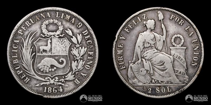Peru. Republica. 1/2 Sol 1864 Y.B. Plata 900. 30 mm. 12,29 g. KM 195 (VF)

Est...
