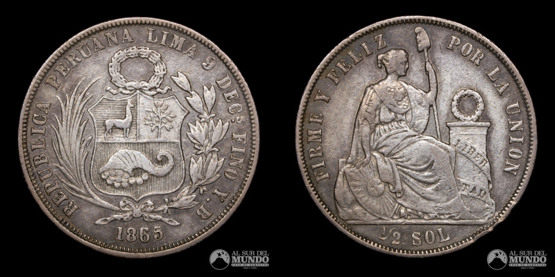 Peru, ceca de Lima. ½ Sol. 1865. Ensayadores: YB (Ygnacio Ortiz de Zevallos, Ber...
