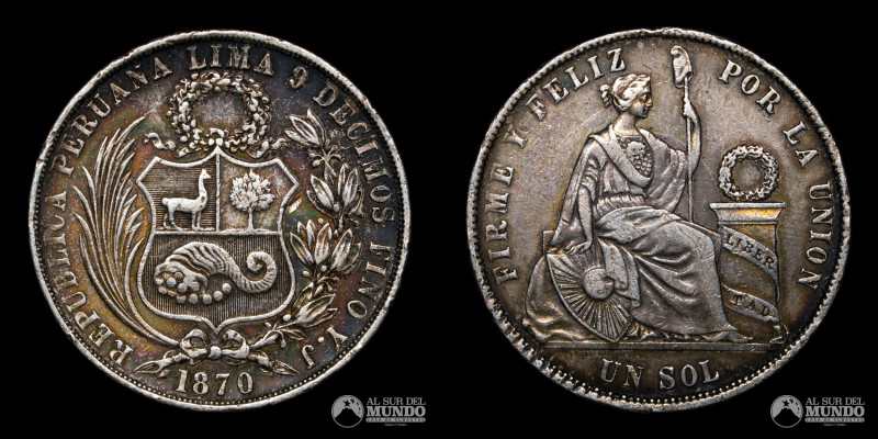 Peru, ceca de Lima. 1 Sol. 1870. Ensayadores: YJ (Ygnacio Ortiz de Zevallos, Jos...