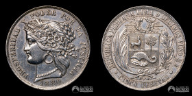 Peru, Lima. 5 Pesetas 1880. BF.