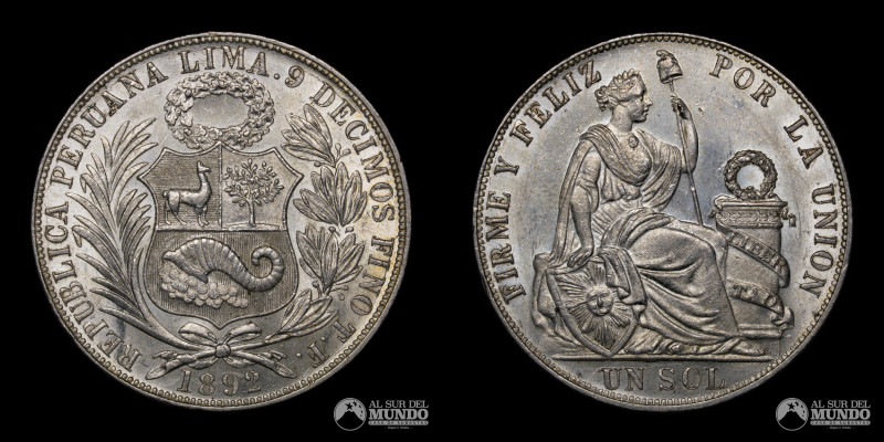 Peru. Republica. 1 Sol 1892 Plata 900. 37 mm. 24.99 g. KM 196. (UNC) Nota: Ensay...