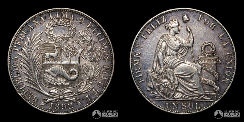Peru, ceca de Lima. 1 Sol. 1892. Ensayadores: TF (Juan Torrico y Mesa, Jose Agus...