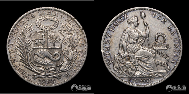 Peru. Republica. 1 Sol 1893. Plata 900. 37 mm. 24,81 g. KM 196. (VF) Nota: Ensay...