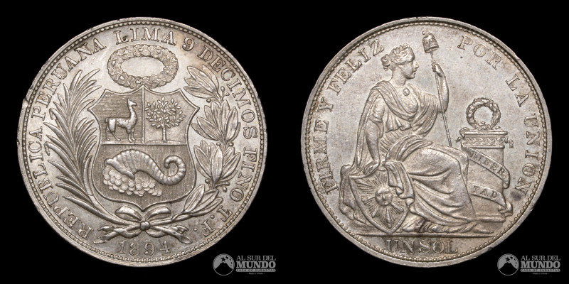 Peru, Lima. 1 Sol 1894 TF. Ag.900. 37mm. 24.98 g. KM 196 (XF+)

Estimate: USD ...