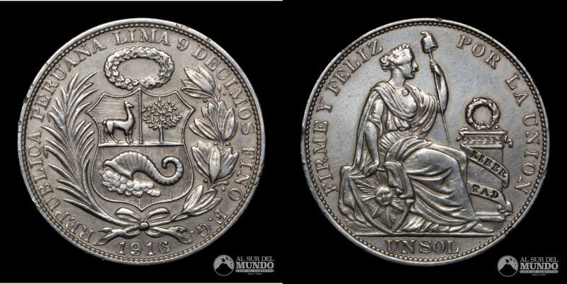 Peru, ceca de Lima. 1 Sol. 1916. Ensayador: FG (Francisco Gamarra). Anverso: Esc...
