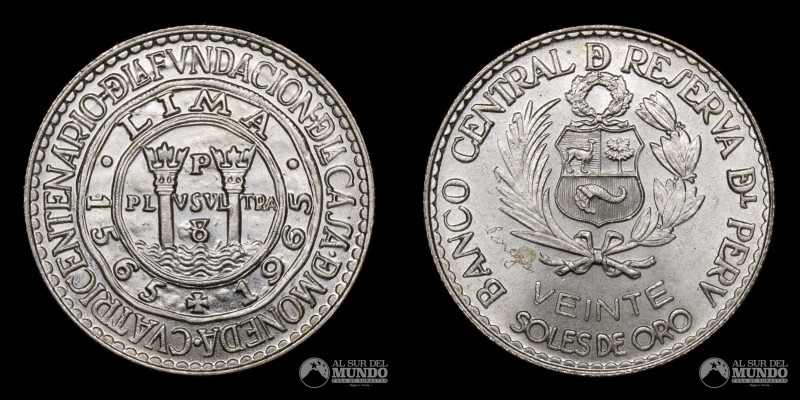 Peru, ceca de Lima. 20 Soles. 1965. Moneda conmemorativa: Cuatricentenario de la...