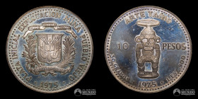 Republica Dominicana. 10 Pesos. 1975. Conmemorativa: Primera extraccion de plata de la mina Pueblo Viejo.