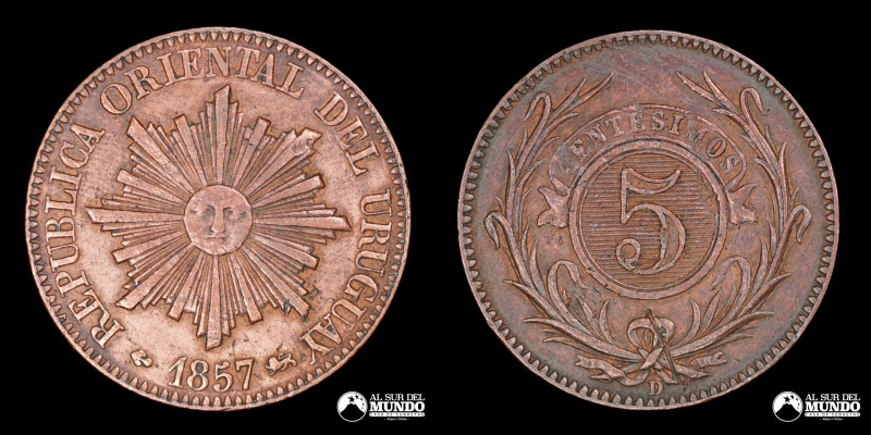 Uruguay. 5 Centesimos 1857. Cobre; 23.0mm; 4.25g. KM8 (VF)

Estimate: USD 20 -...