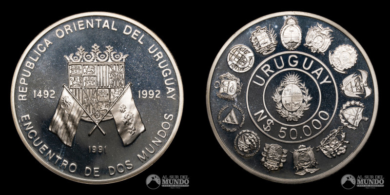 Uruguay. Serie Encuentro de Dos Mundos. 50.000 Nuevos Pesos 1991. Plata 925. 40 ...