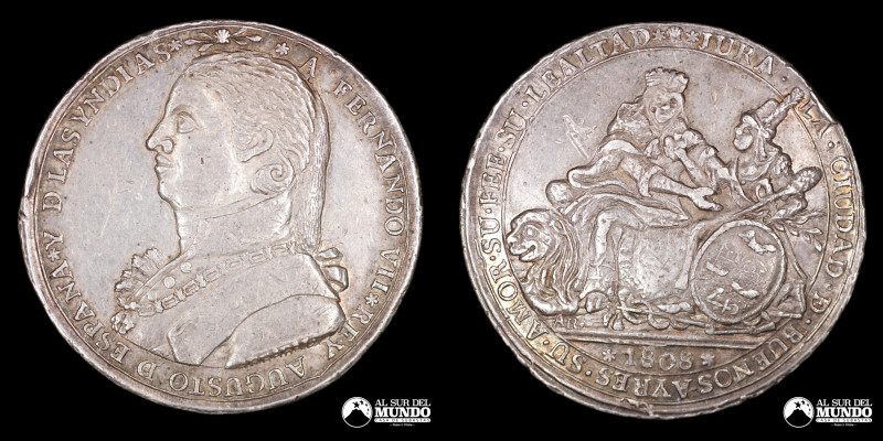 Buenos Aires. Fernando VII (1808-1833) 10 Reales 1808. Medalla de Proclama. Grab...