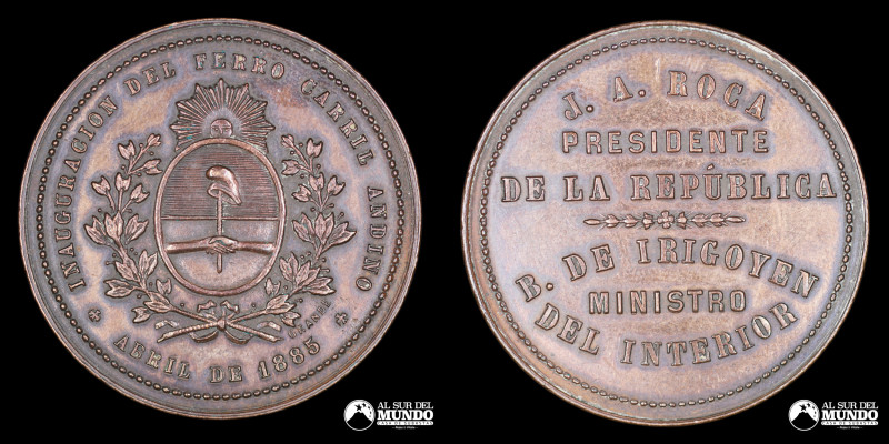 Argentina. Ferroviarias. 1885. Ferrocarril Andino. Cobre; 37.5mm; 23.28g. A: INA...