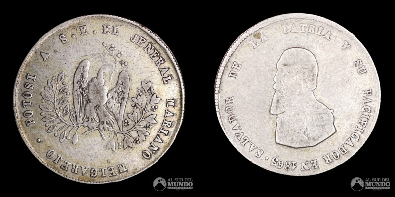 Bolivia. 2 Soles. 1/4 Melgarejo. 1865. Medalla monetaria. Plata; 4.88g; (VF)

...