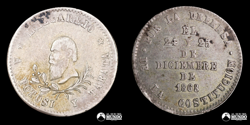 Bolivia. 2 Soles. 1/4 Melgarejo. El 24 y 25 de diciembre de 1868. Medalla moneta...