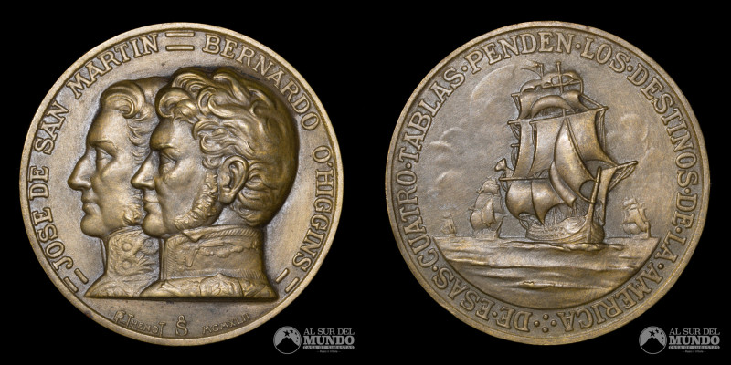 Chile, Santiago. Medalla: Centenario del Fallecimiento de Bernardo O'Higgins. 19...