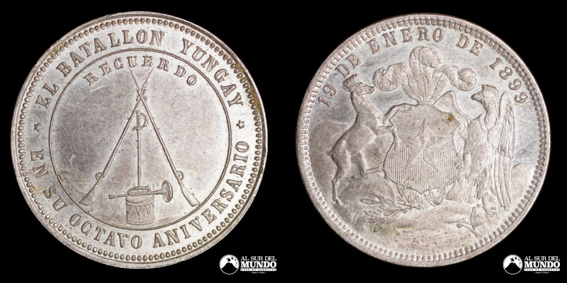 Chile. Medalla: 8vo aniversario del Batallon Yungay. 19 de Enero de 1899. Metal ...