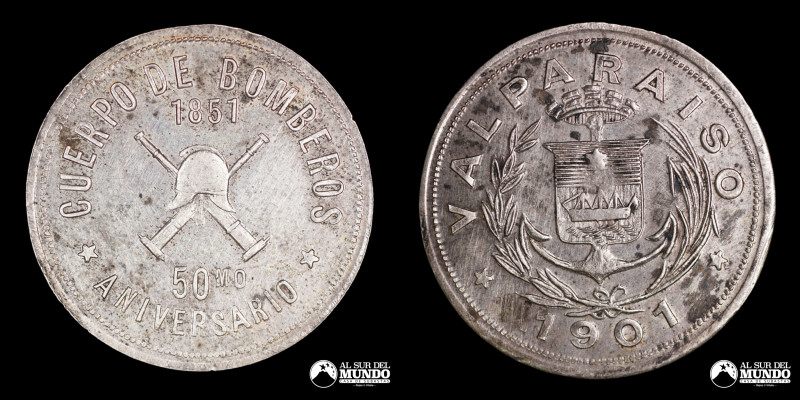 Chile, Valparaiso. Cuerpo de Bomberos 50 Aniversario 1851- 1901. Plata; 6.82g; (...